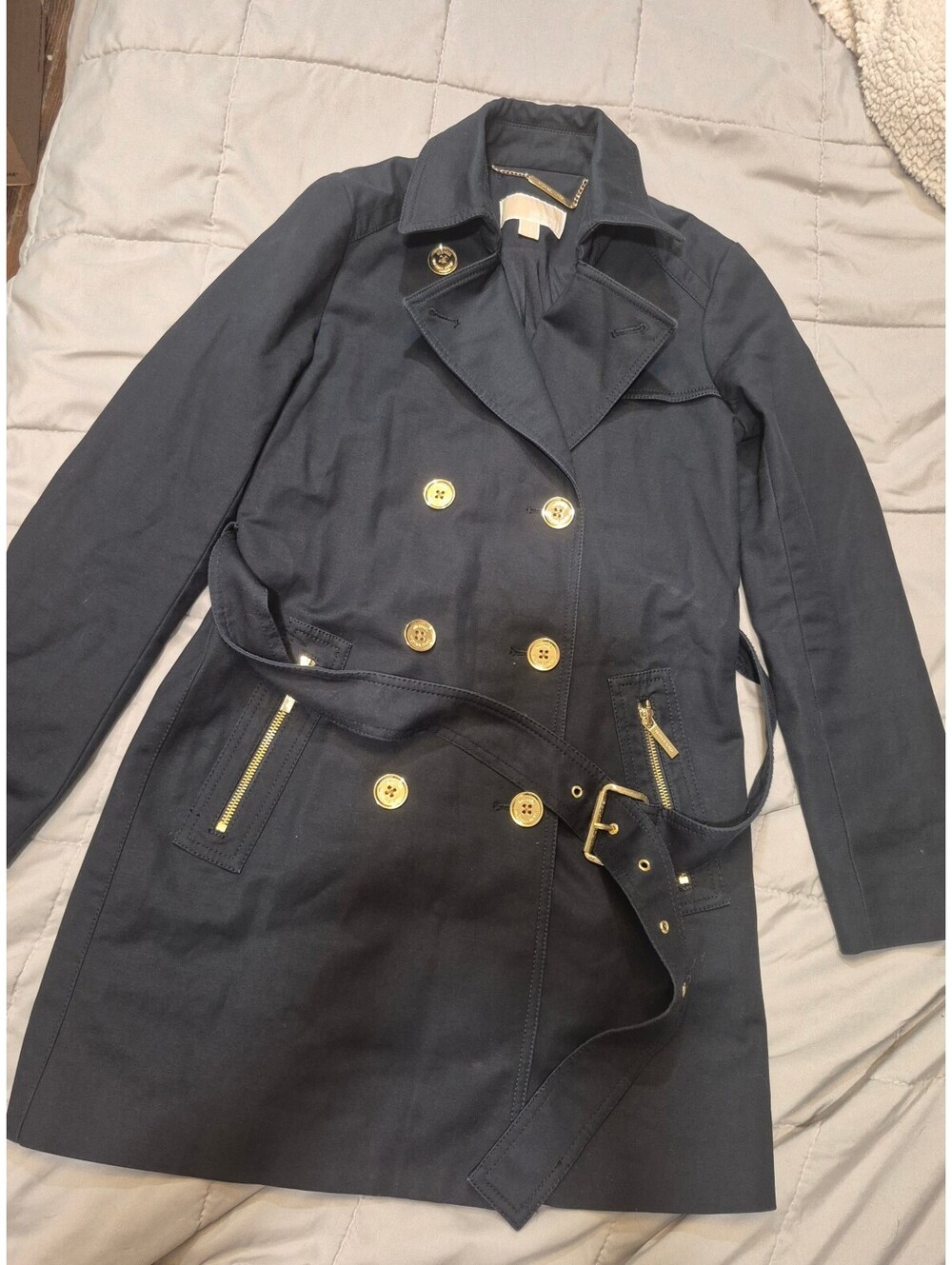 Michael Kors Navy Double-Breasted Coat Gold Hardware - XS
